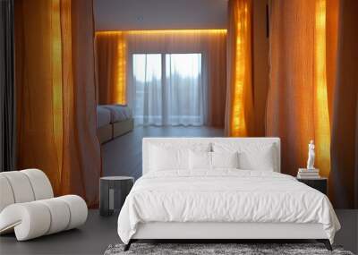 Modern Bedroom with Curtains and Soft Lighting Wall mural