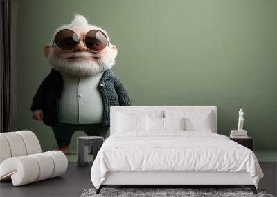 Stylish Old Man with Funky Sunglasses on Green Background Wall mural