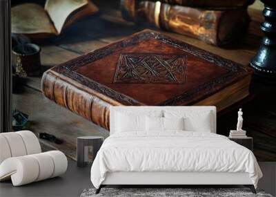 Ancient library book with worn leather cover and arcane symbols in watercolor style. Wall mural