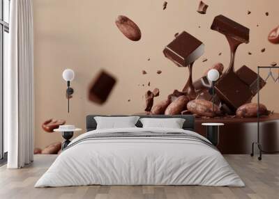 Chocolate brown podium with cocoa beans and dripping chocolate, ideal for confectionery product presentation in advertising and sale promotions. Wall mural