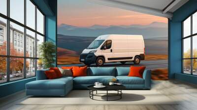 Courier van delivering freight in motion, with copy space, covering all objects, deep depth of field. Wall mural