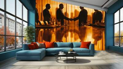 Create an image of a successful business deal being finalized, with executives celebrating the agreement, highlighting the significance of negotiation and strategic partnerships in business Wall mural