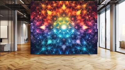 Design a star pattern with various sizes of stars arranged in a symmetrical design, using a vibrant color palette to create a dynamic and visually appealing effect  Wall mural