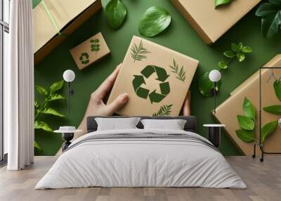 Eco-friendly recyclable box company social media promotion with sustainability message, featuring green leaves, recycling icons, and clear typography. Wall mural