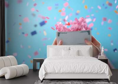 Exciting pay day celebration with hands holding paycheck and confetti, joyful financial moment in 3D. Wall mural