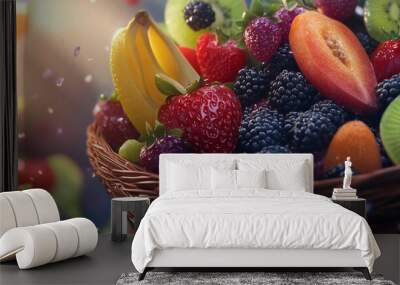 Fresh, vibrant organic fruits in wicker basket, 3D render. Wall mural