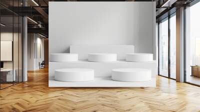 Minimalistic mockup of five white round podiums on empty background for product presentation, showcasing minimalistic style. Wall mural