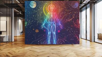 Spiritual evolution depicted with chakras, planets, and stars in esoteric full-body artwork. Wall mural