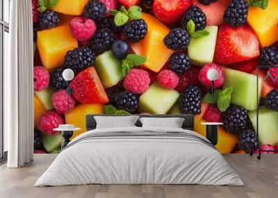 Vibrant fruit salad blend with berries, citrus, melon, antioxidants, brain health. Wall mural