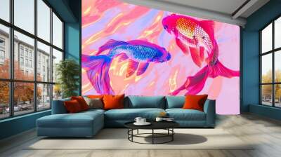 Vibrant red and blue tropical fish in rosy water with shimmering scales, creating dreamy pastel colors and a dynamic splash in high resolution Wall mural