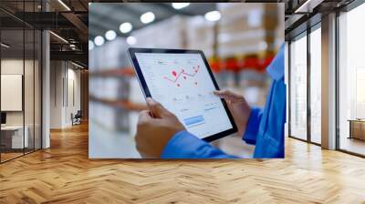 Warehouse worker analyzing data on tablet in storage facility, monitoring logistics and inventory statistics for efficient management. Wall mural