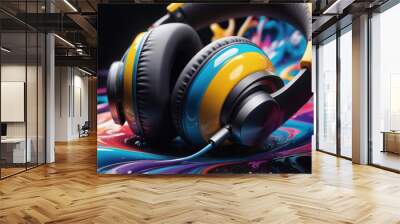 Multi-colored liquid flows over a headphones abstract wallpaper Wall mural