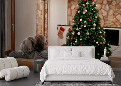 Senior couple, christmas and hug from back view relax on sofa in living room with christmas tree. Love, support and festive holiday celebration or senior man and woman relax on couch together at home Wall mural