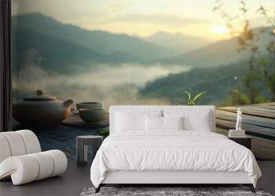 A steaming green tea cup and clay pot with tranquil mountain views in a quiet rural setting Wall mural