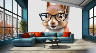 Adorable squirrel in glasses, enjoying smartphone playtime, isolated white background Wall mural