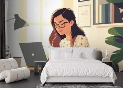 Animated young woman using a laptop at a desk. Wall mural