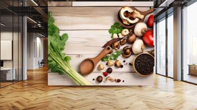 Ingredients for cooking spices and fresh herbs and vegetables Place it on a wooden floor. Free space for text Wall mural