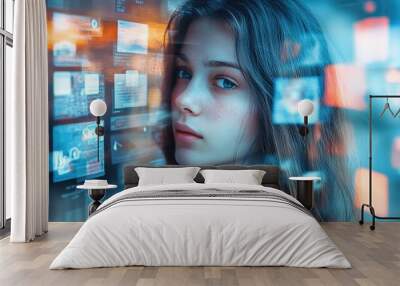 Overlay of a depressed woman, weighed down by stress and loneliness from social media news. Wall mural