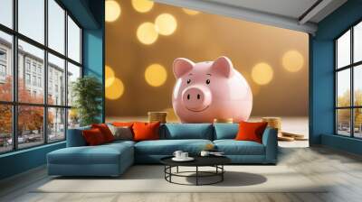 Savings concept: Piggy bank and gold coins with blurred golden bokeh background Wall mural