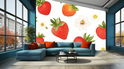 Seamless hand-drawn pattern of strawberries and flowers on a white background. Wall mural