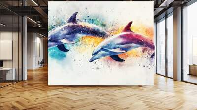 Two dolphins jumping together, vivid watercolor illustration, fluid motion, vibrant tones, white background Wall mural