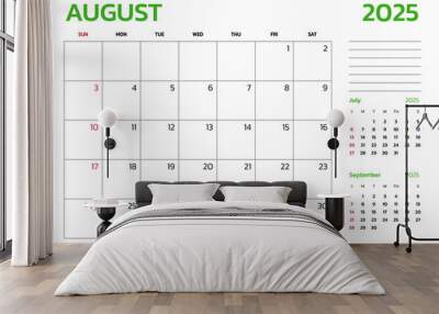 August 2025 Calendar. Week start on Sunday. Desk calendar 2025 design, simple and clean design, Wall calendar for print, digital calendar, Corporate design planner template vector. Wall mural