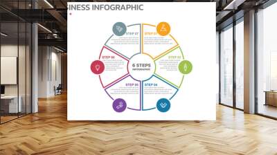 Visual data presentation. Cycle diagram with 6 options. Pie Chart Circle thin line infographic template with 6 steps, options, parts, segments. Business concept. Marketing infographic outline style. Wall mural