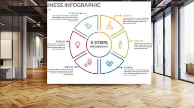 Visual data presentation. Cycle diagram with 6 options. Pie Chart Circle thin line infographic template with 6 steps, options, parts, segments. Business concept. Marketing infographic outline style. Wall mural