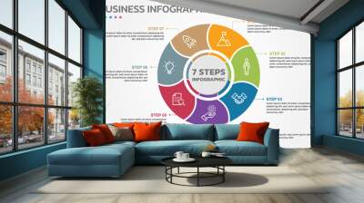 Visual data presentation. Cycle diagram with 7 options. Pie Chart Circle infographic template with 7 steps, options, parts, segments. Business concept. Editable pie chart with sectors. Wall mural