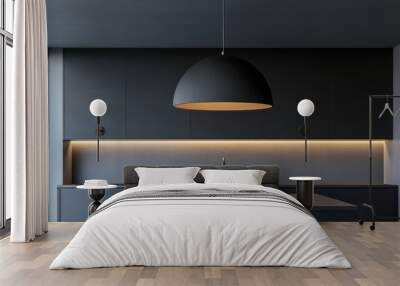 A black kitchen with a black bowl light hanging from the ceiling Wall mural