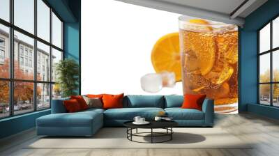 A glass of soda with ice cubes and orange slices Wall mural