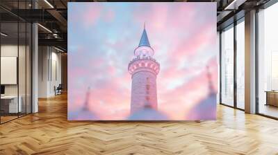 A tall white tower with a pink sky in the background Wall mural