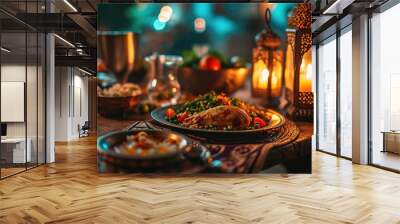 Close up Arabic meal on wooden table with dates and lamp at night of Iftar party, Muslims Ramadan food after fasting festive at Islam home dawn sunset time. Halal food. Wall mural