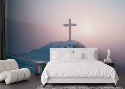 Silhouette jesus christ crucifix on cross on calvary sunset background concept for good friday he is risen in easter day, good friday jesus death on crucifix, world christian and holy spirit religious Wall mural