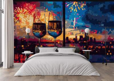 Two Glasses of Champagne and Fireworks in an Abstracted Cityscape Wall mural