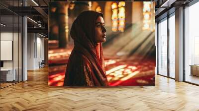 Young muslim woman prayer hijab pray to God on blur mosque background concept for eid mubarak, life and soul fasting of international islamic ramadan sunlight Wall mural