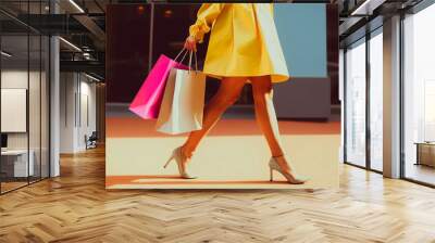 woman with legs holding shopping bags. Wall mural