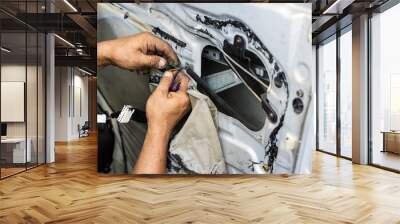 Auto technician diagnose and fixing wiring problem of car door Wall mural