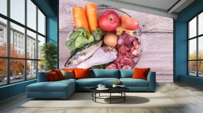 Overhead view on Ingredients of barf raw food recipe for dogs consisting meat, organs, fish, eggs and vegetable Wall mural