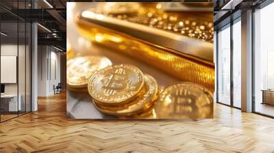 A close-up of gold coins and bars showcasing wealth and investment opportunities in precious metals. Wall mural