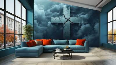 A dramatic cross symbol emerging from dark stormy clouds, representing faith, hope, and resilience amidst adversity. Wall mural