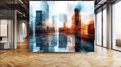 A dynamic cityscape showcasing abstract urban architecture with vibrant colors and motion effects, ideal for modern art themes. Wall mural