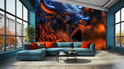 A fierce bull roaring amidst a fiery background. The intense colors capture the power and energy of this majestic animal. Wall mural