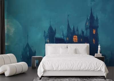 A haunting Halloween scene featuring glowing pumpkins, a full moon, and a mysterious castle in the background, creating an eerie atmosphere. Wall mural