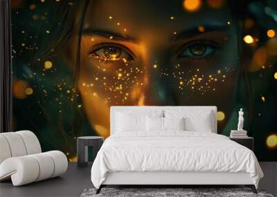 A mesmerizing close-up portrait of a woman with sparkling lights that highlight her captivating features and expressiveness. Wall mural