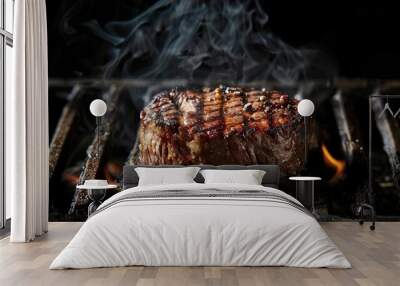 A perfectly grilled steak emits delicious smoke and showcases charred grill marks on a dark background. Wall mural