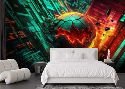 A vivid digital art piece showcasing a cracked globe surrounded by vibrant neon colors and abstract patterns, symbolizing transformation. Wall mural