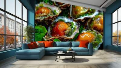 Close-up of fresh, colorful oysters served on a bed of greens. Delicious seafood delicacy perfect for gourmet dining and culinary presentations. Wall mural