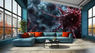 Close-up view of virus particles in a dark background, representing the microscopic world of pathogens and infections. Wall mural