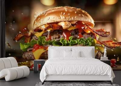 Delicious double cheeseburger with fresh lettuce, tomato, bacon, and dripping ketchup in a gourmet restaurant setting. Perfect for food lovers. Wall mural